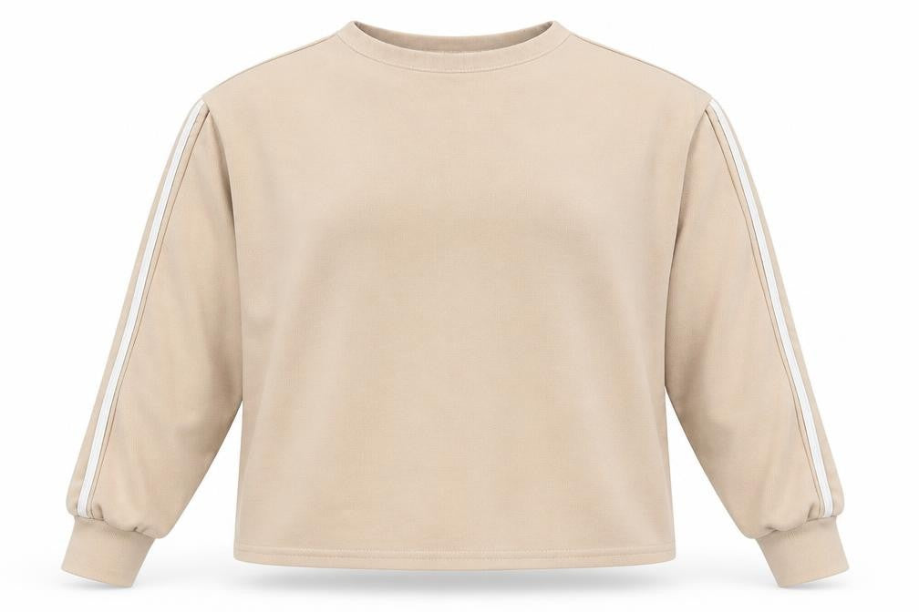 Front view of Boohoo women’s beige pullover sweatshirt, size UK 8