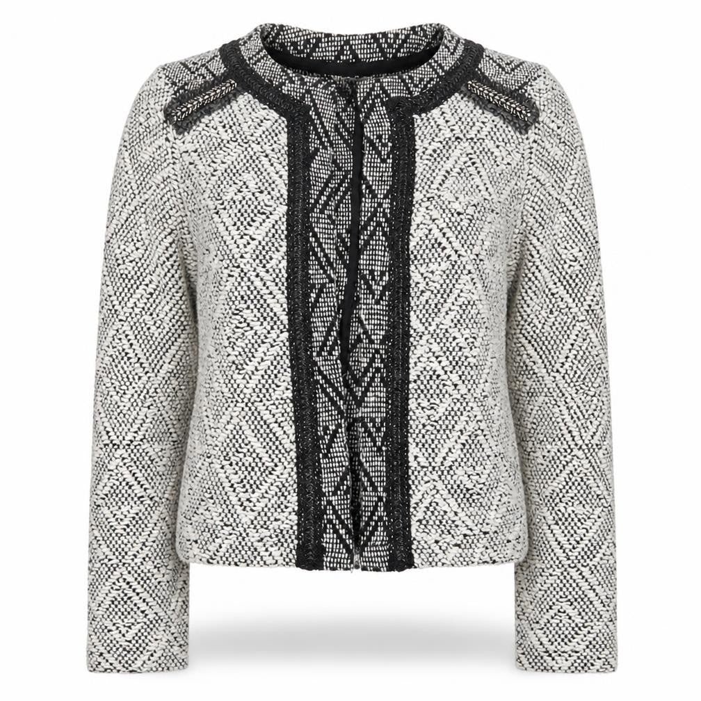 Front view of Miss Selfridge women’s grey argyle/diamond jacket, size UK 8