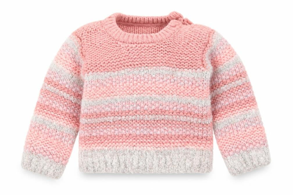 Front view of Nutmeg girls’ pink striped knit jumper, size 3-6, months