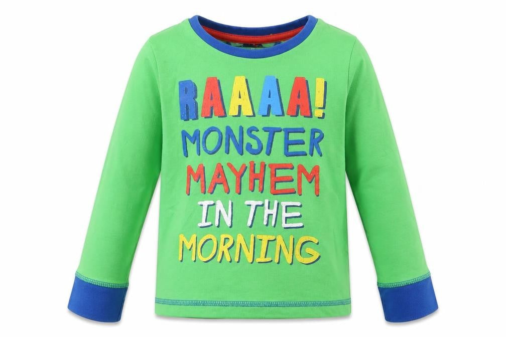 Front view of Tu boys’ green solid pyjama top, size 2-3, years - raaaa! monster mayhem in the morning