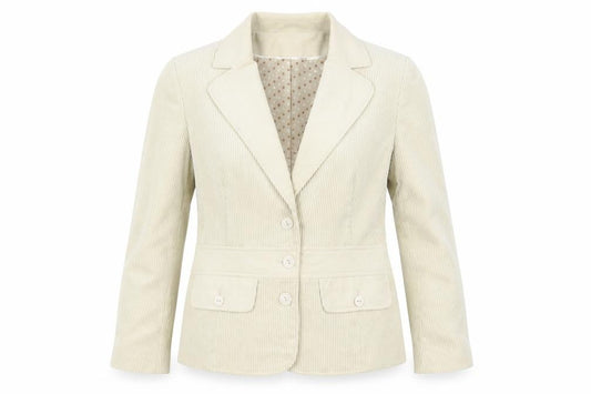Front view of Klass women’s beige corduroy jacket, size UK 12