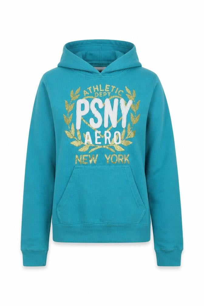 Front view of p.s. women’s blue pullover hoodie, size UK 10