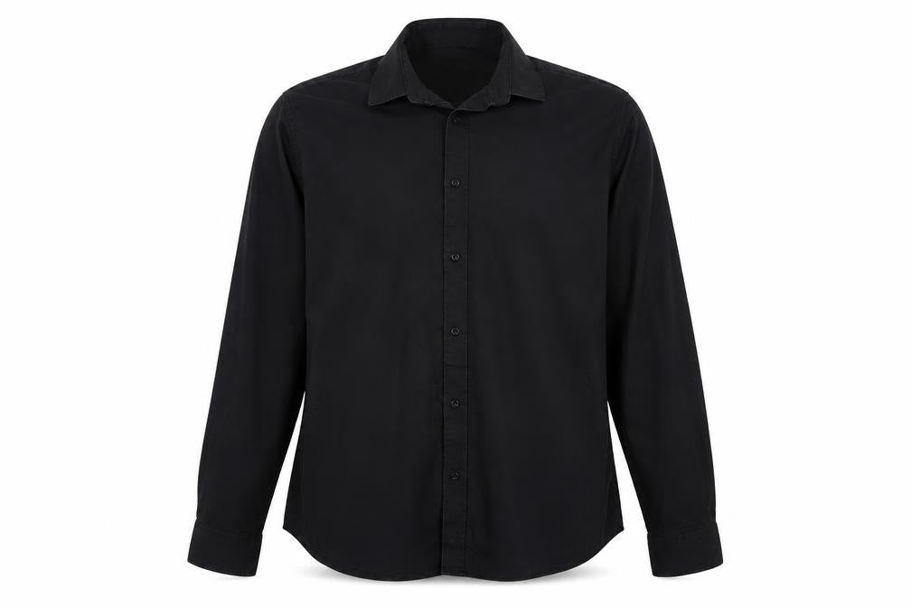 Front view of River Island men’s black button-up, size 16.5