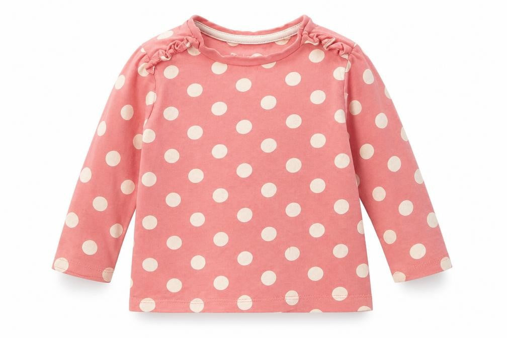 Front view of Tu girls’ pink polka dot basic t-shirt, size 12-18, months