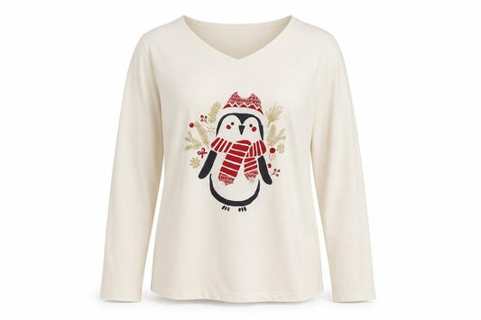 Front view of Damart women’s beige geometric top pyjama top, size M, - christmas