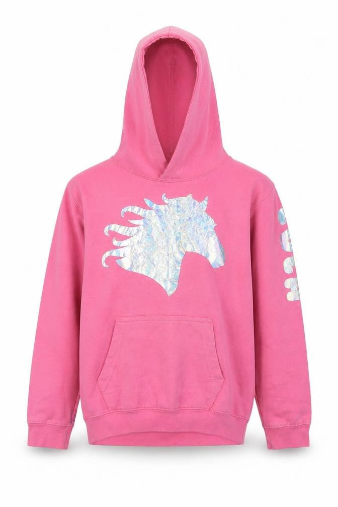 Front view of Awdis girls’ pink pullover hoodie, size 9-10, years