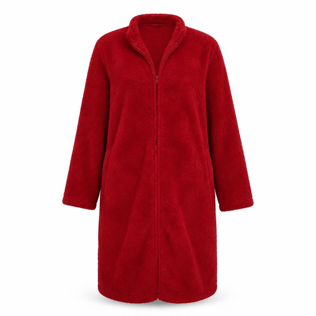 Front view of Marks & Spencer women’s red floral overcoat coat, size UK 12
