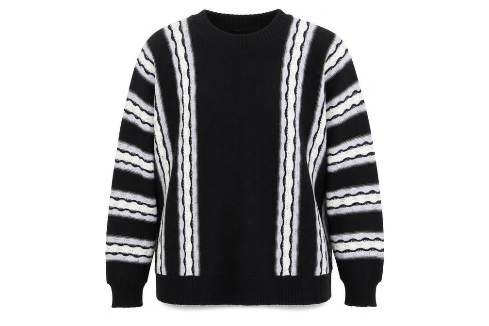 Front view of Preworn women’s black striped jumper, size UK 10