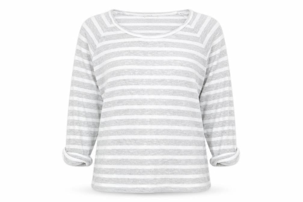 Front view of Tu women’s grey striped pullover sweatshirt, size UK 14
