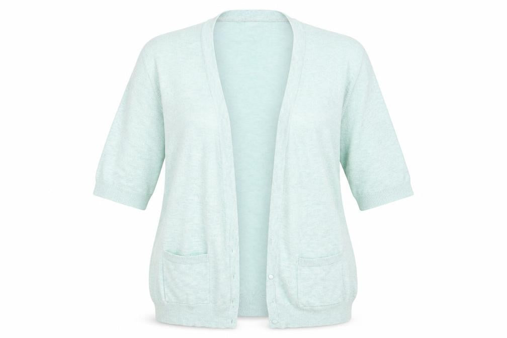 Front view of Berkertex women’s green cardigan jumper, size UK 16