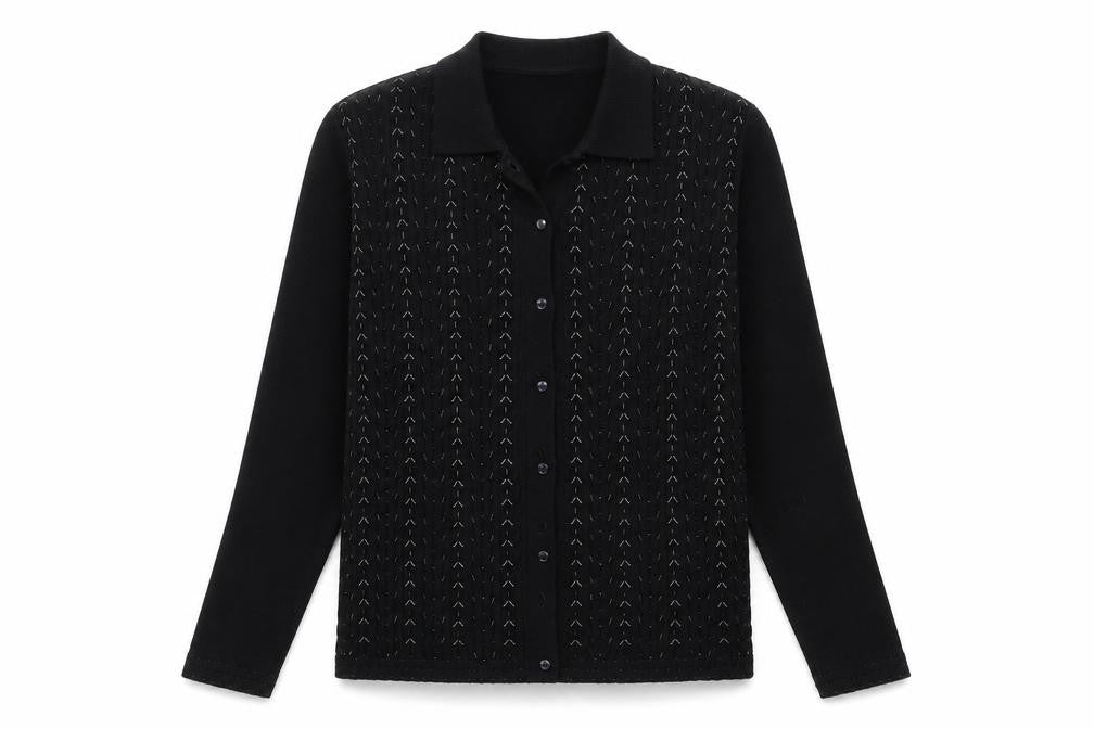 Front view of Marks & Spencer women’s black knit cape jumper, size UK 14