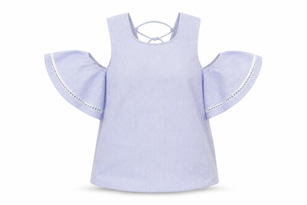 Front view of New Look women’s blue striped basic blouse, size UK 6