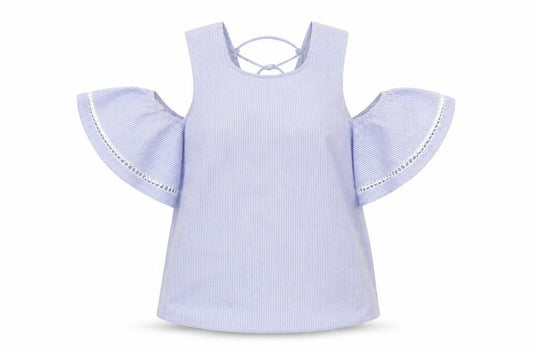 Front view of New Look women’s blue striped basic blouse, size UK 6