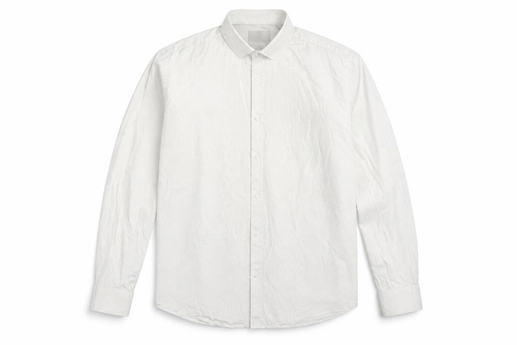 Front view of Taylor & Wright men’s white polka dot button-up, size 16.5