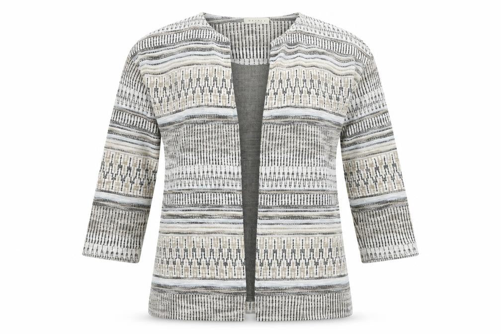 Front view of Nutmeg women’s brown fair isle jacket, size UK 16