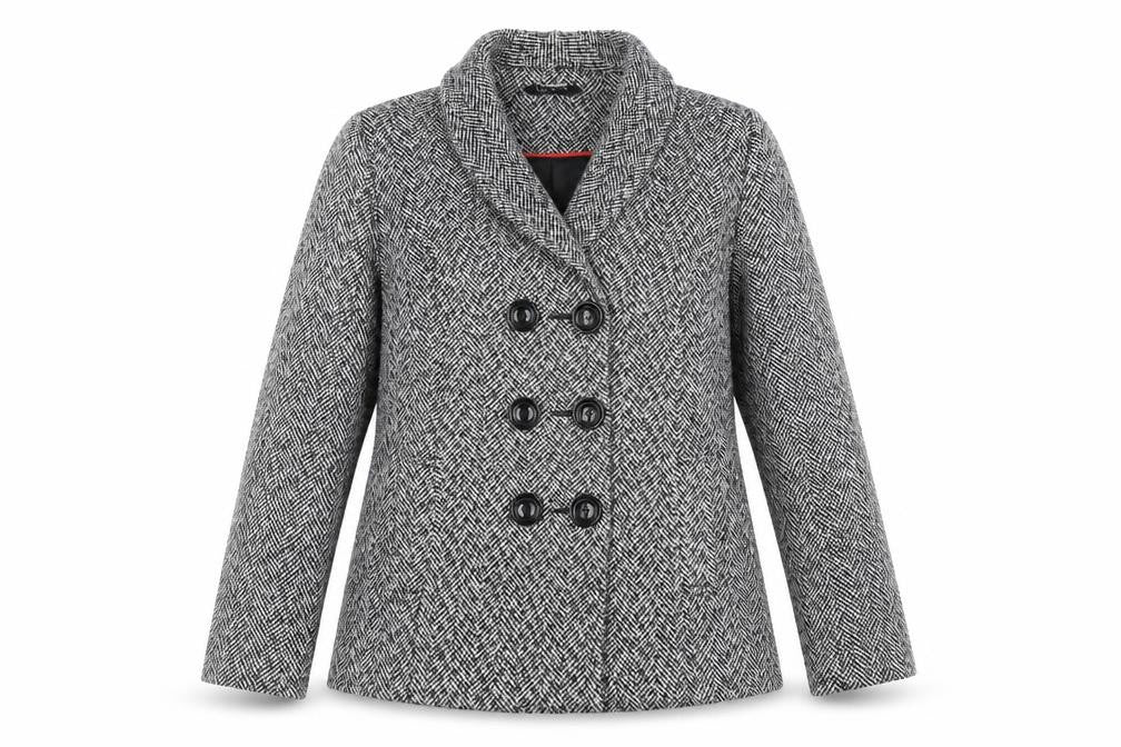 Front view of Classics women’s grey herringbone overcoat coat, size UK 12