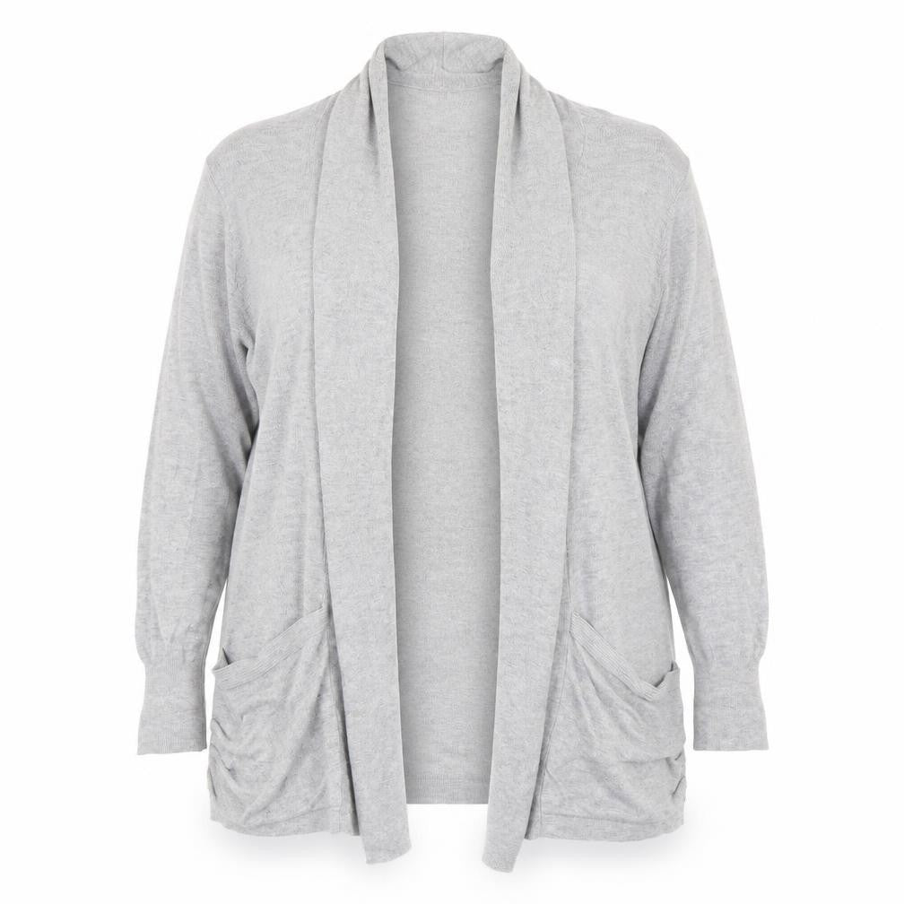 Front view of Tu women’s grey knit cardigan jumper, size UK 16