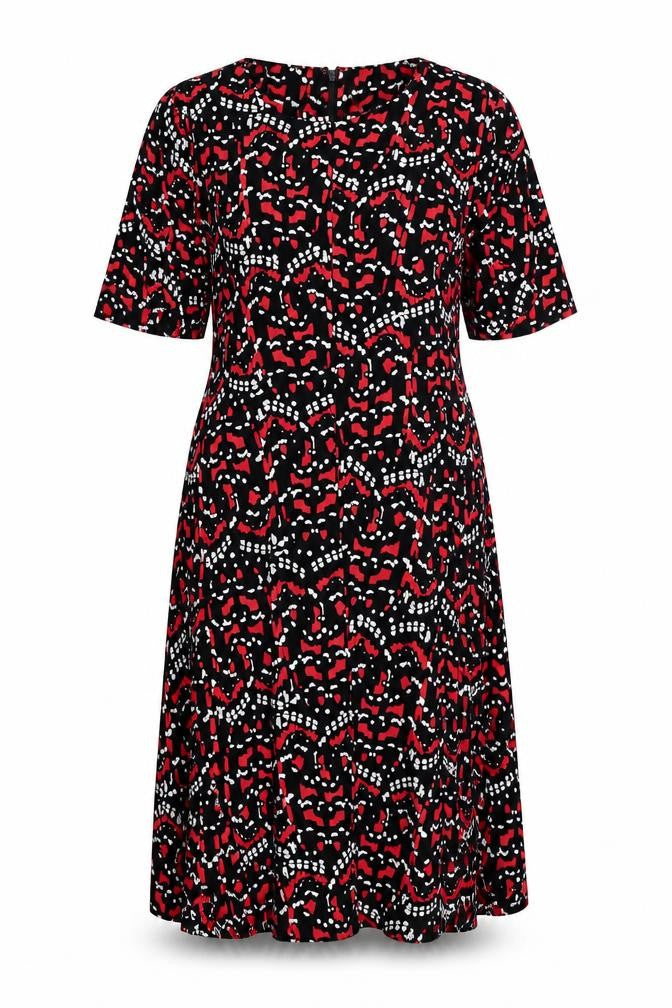 Front view of Warehouse women’s multicoloured geometric fit & flare, size UK 12