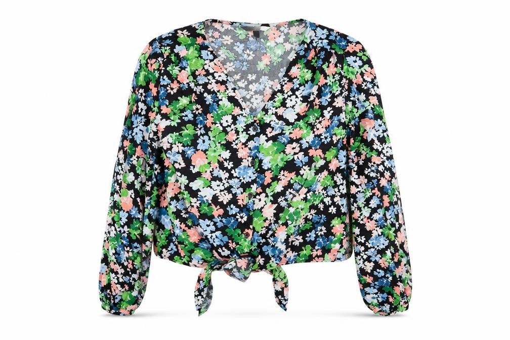 Front view of H&M women’s multicoloured floral basic button-up, size M