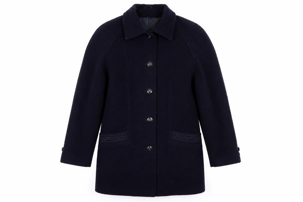Front view of Preworn women’s blue overcoat coat, size UK 14
