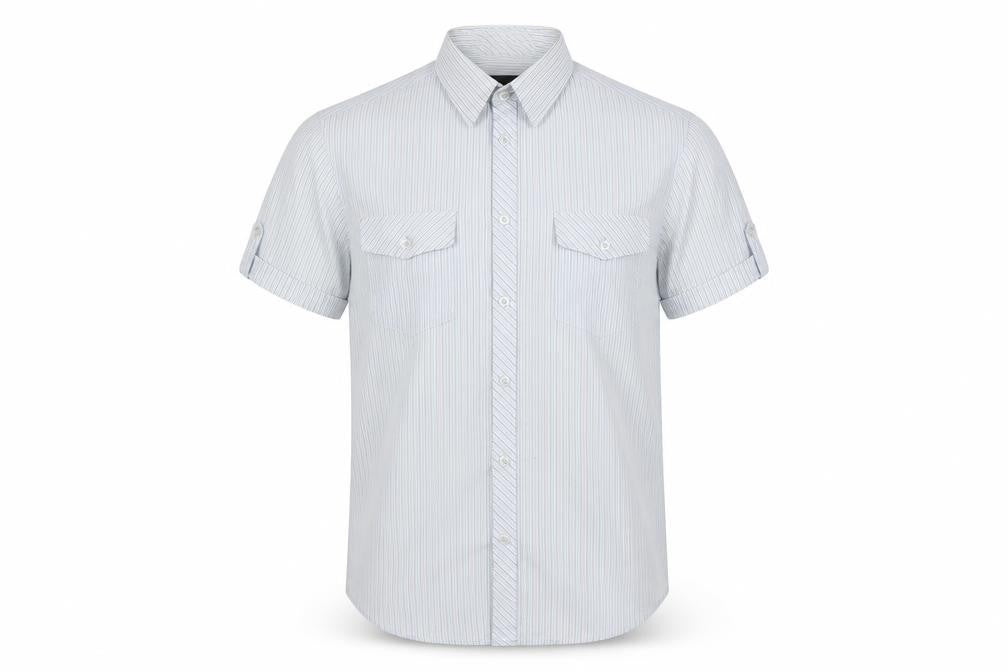 Front view of Carter men’s blue striped button-up, size S