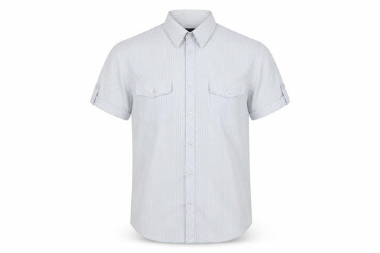 Front view of Carter men’s blue striped button-up, size S