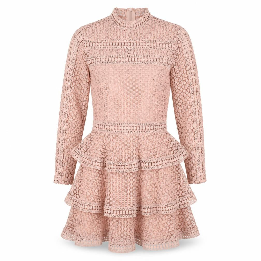 Front view of PRETTYLITTLETHING women’s pink crochet a-line, size UK 4