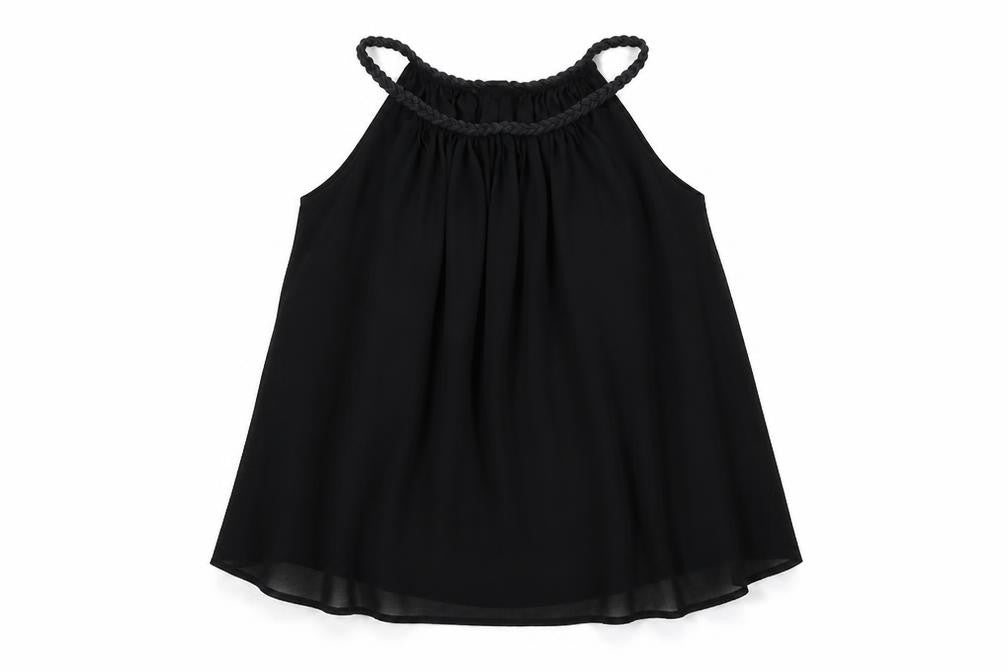 Front view of Gossip women’s black chiffon basic tank, size M