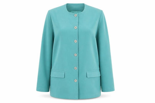 Front view of Travelling Light women’s blue jacket blazer, size L
