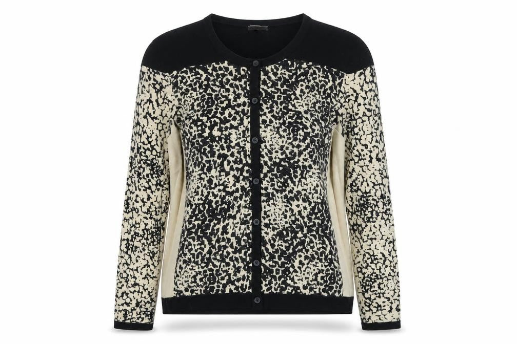 Front view of PLANET women’s multicoloured animal print cardigan jumper, size S