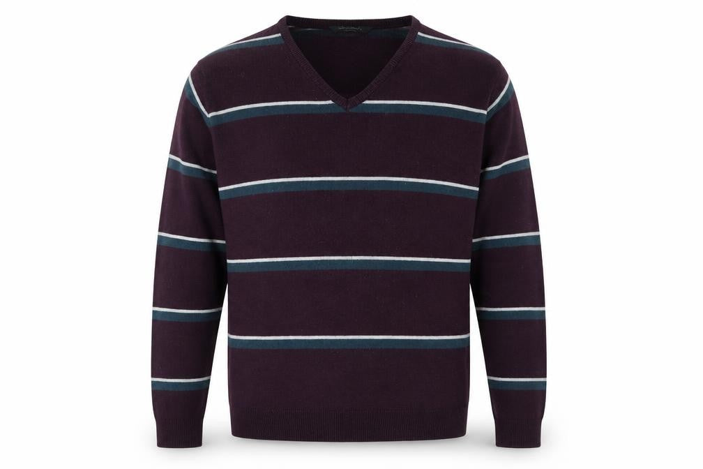 Front view of Cedarwood State men’s multicoloured striped pullover sweatshirt, size L