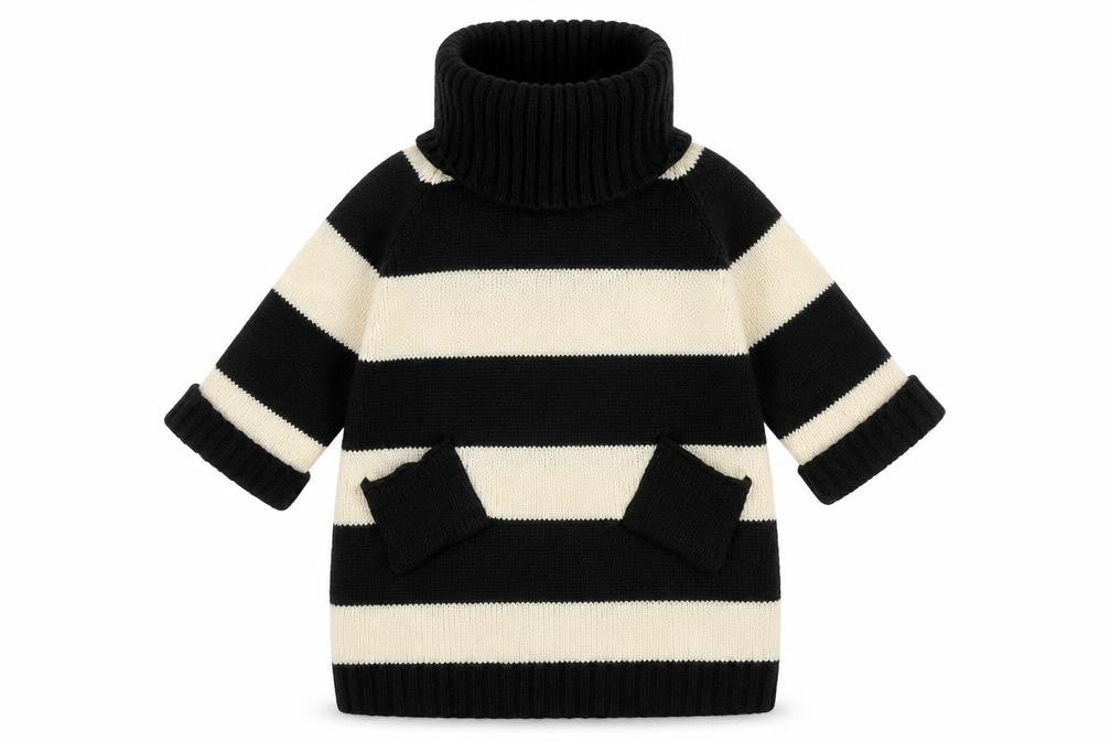 Front view of Warehouse women’s black striped knit jumper, size UK 10