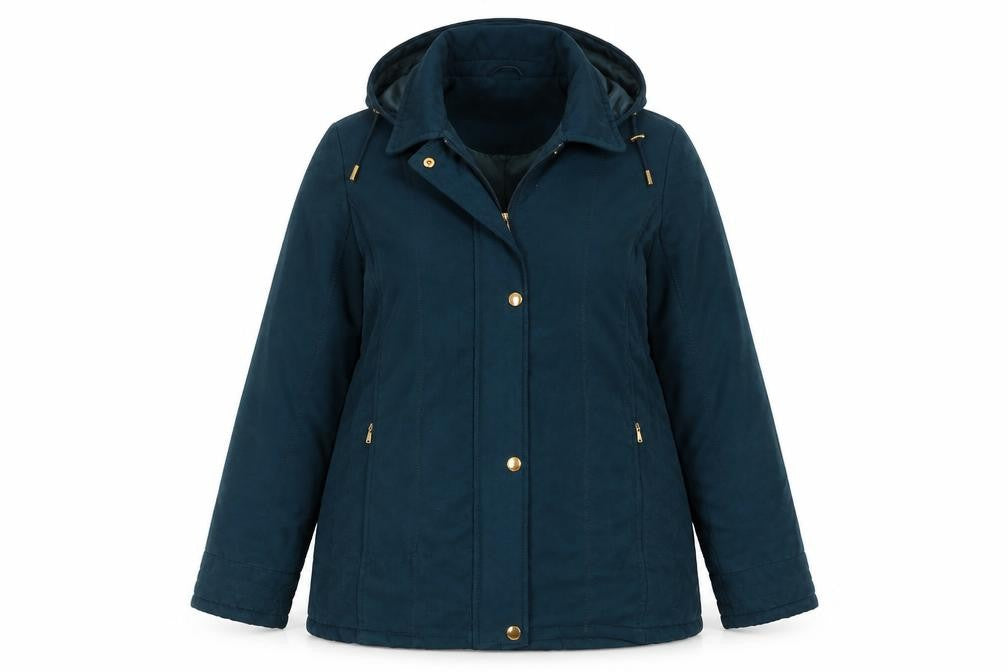 Front view of EWM women’s green jacket, size UK 14