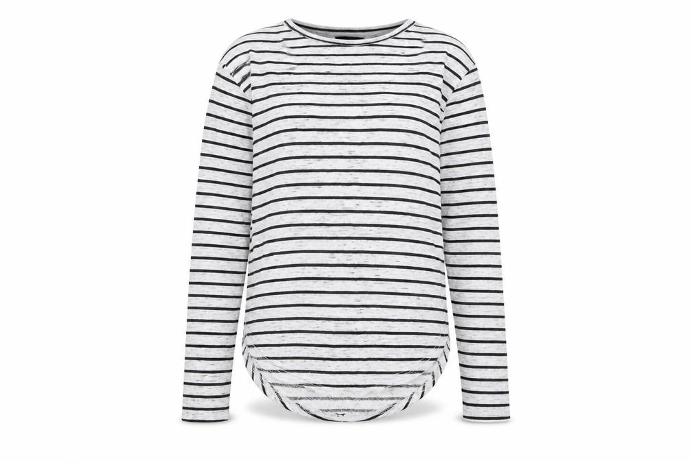 Front view of Primark women’s grey striped pullover sweatshirt, size UK 10