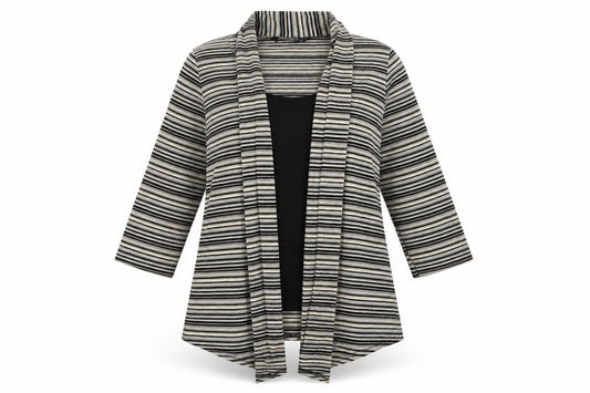 Front view of Bonmarché women’s multicoloured striped basic blouse, size UK 14