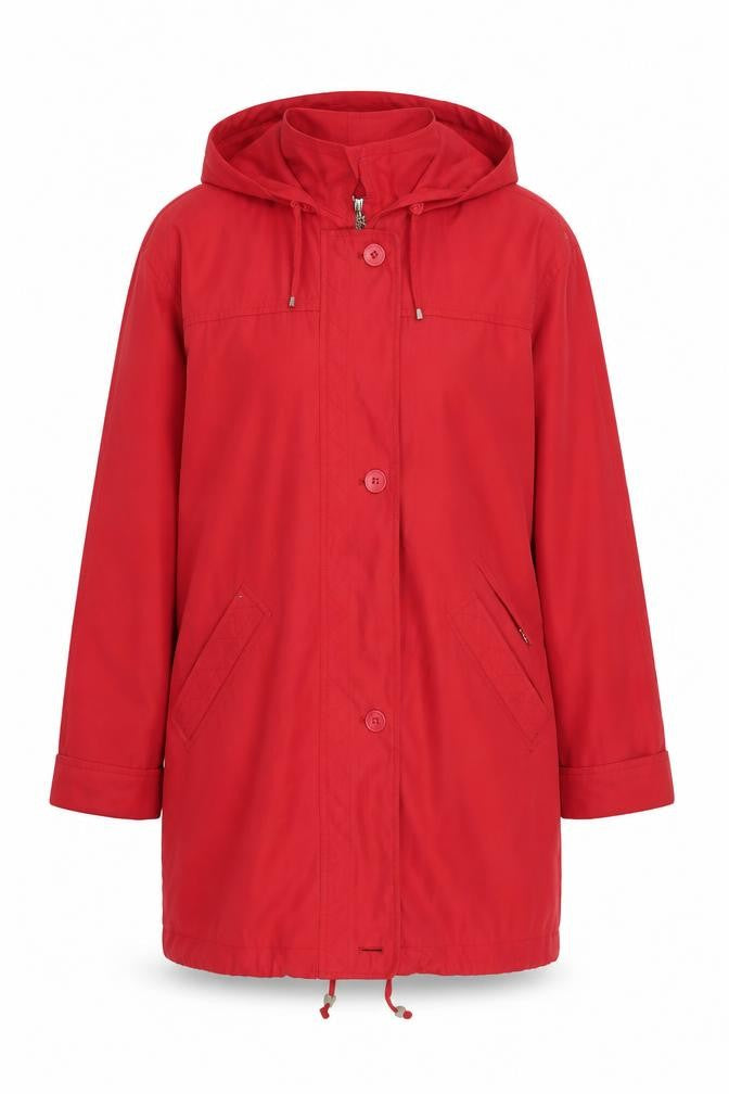 Front view of Astraka women’s red overcoat coat, size UK 12