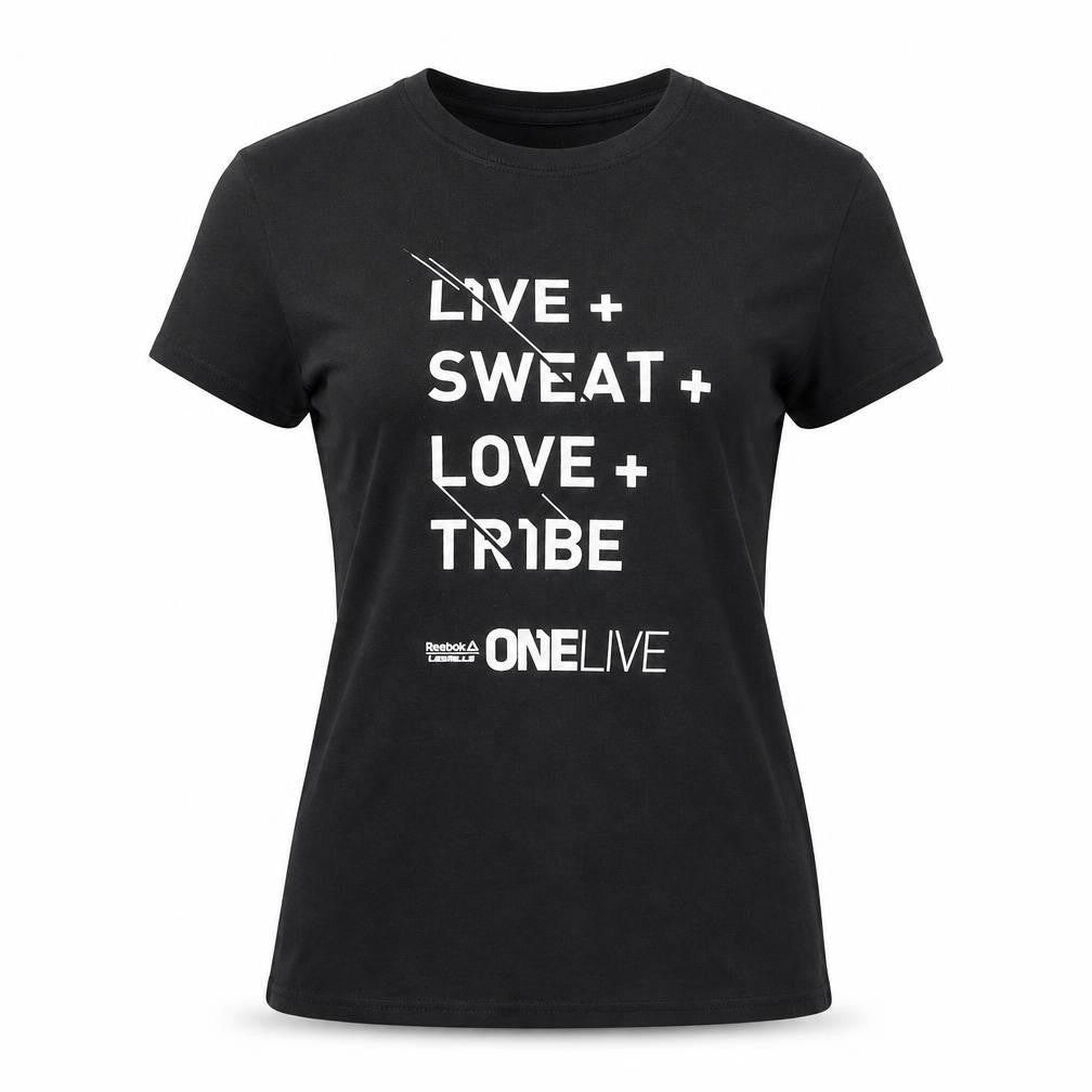 Front view of Reebok women’s black basic t-shirt, size UK 12