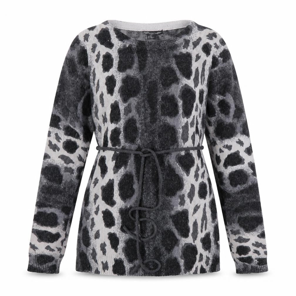 Front view of H&M women’s grey animal print jumper, size XS, - giraffe print