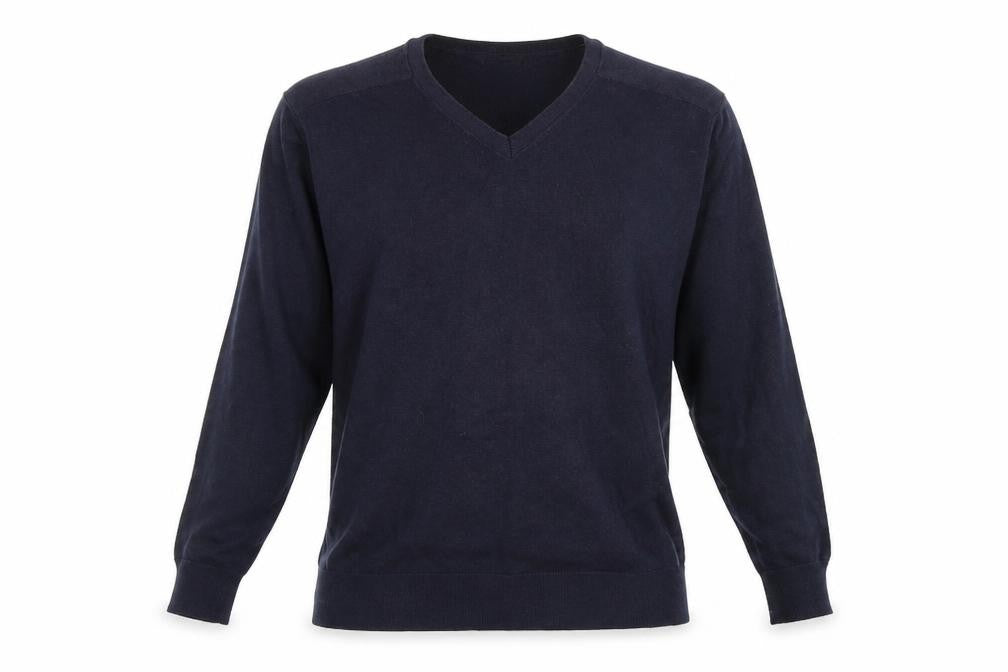 Front view of Marks & Spencer men’s blue henley jumper, size L