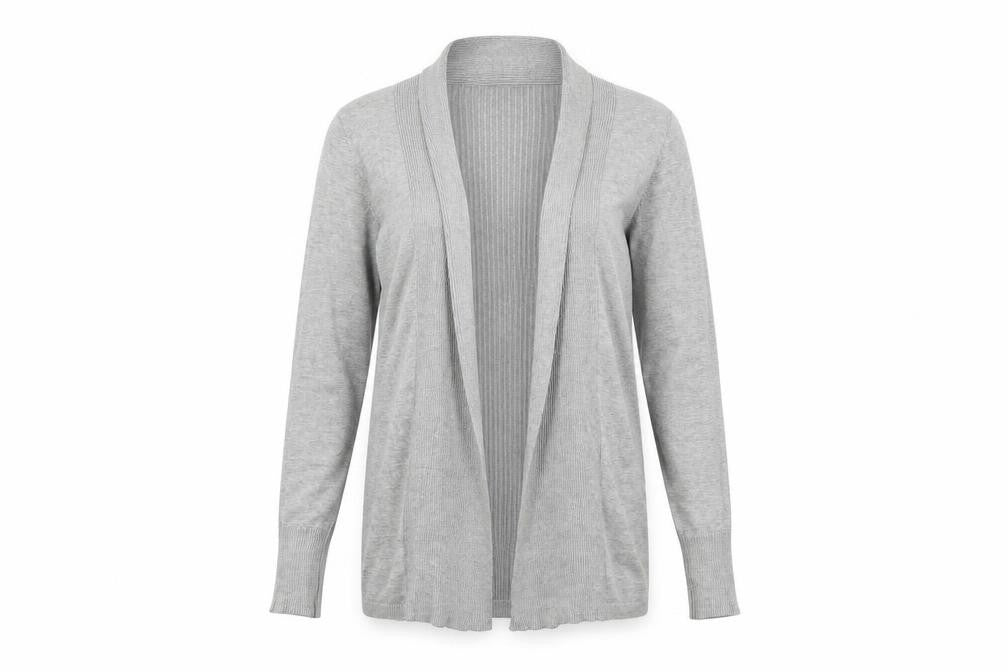 Front view of M&Co women’s grey cardigan jumper, size UK 10