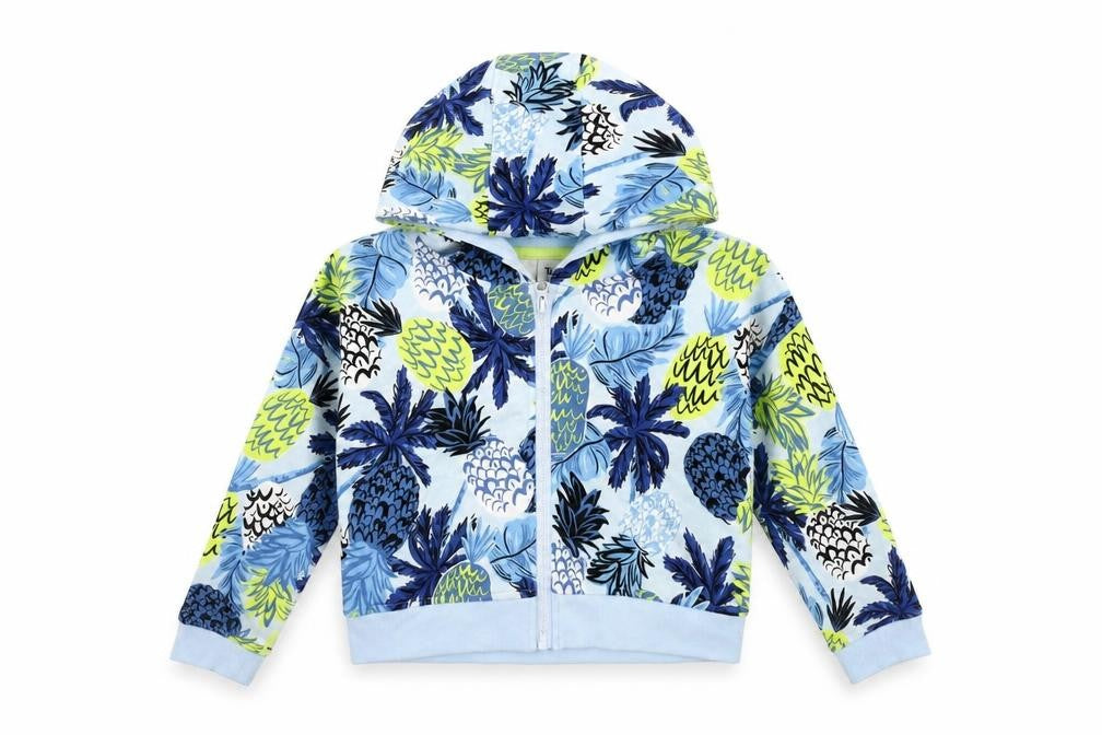 Front view of Tu boys’ blue floral full zip hoodie, size 7, years
