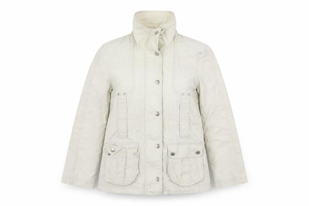 Front view of Marks & Spencer women’s beige jacket coat, size UK 8