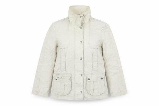 Front view of Marks & Spencer women’s beige jacket coat, size UK 8