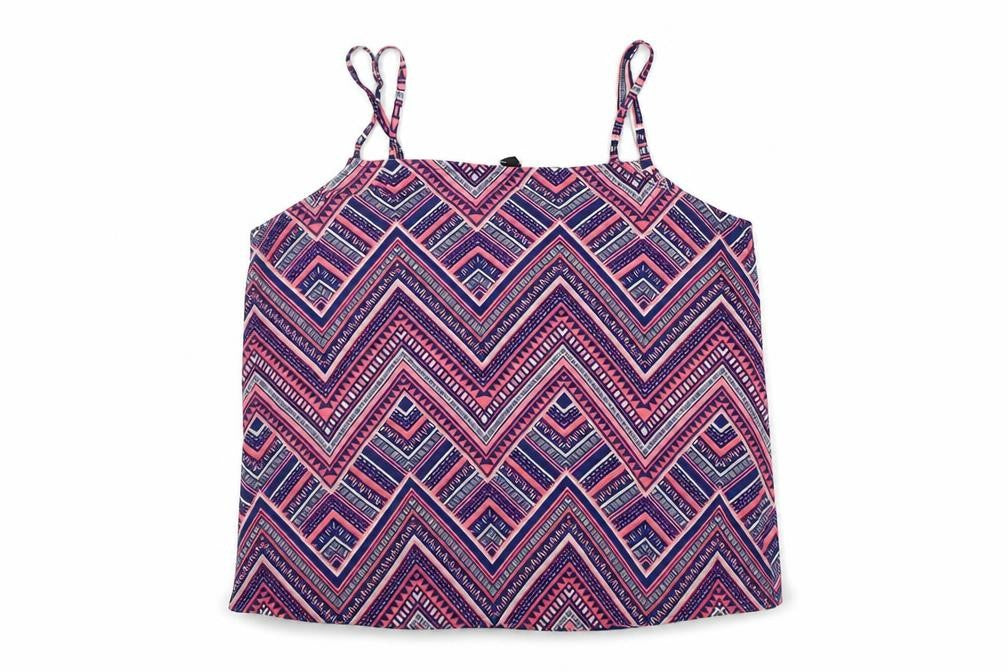 Front view of Divided women’s blue geometric basic tank, size UK 6