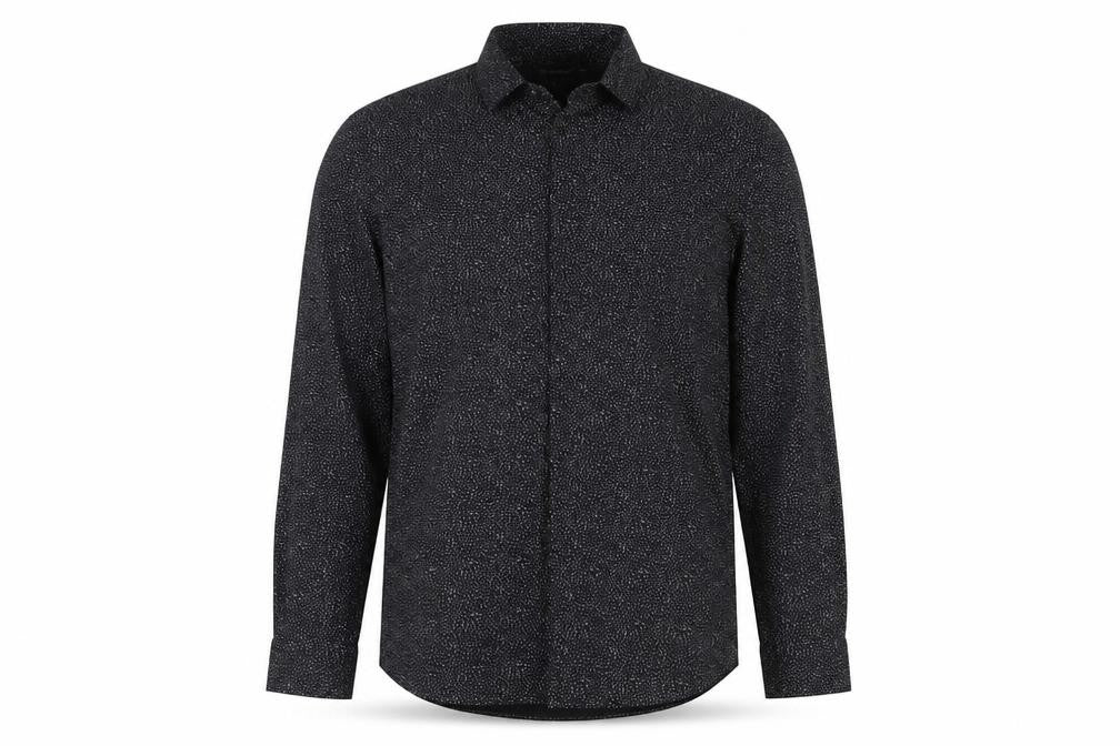 Front view of Cedarwood State men’s black polka dot button-up, size 16