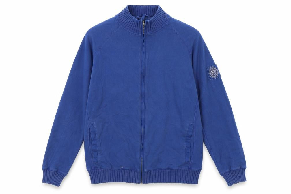 Front view of Trek & Trail men’s blue jumper, size L