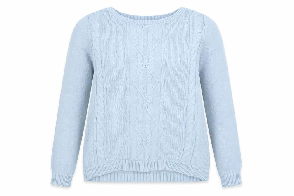 Front view of Love Knitwear women’s blue jumper, size UK 14