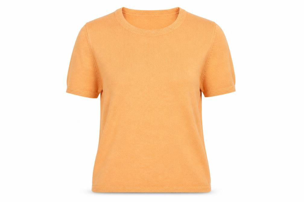 Front view of Marks & Spencer women’s orange henley jumper, size UK 14