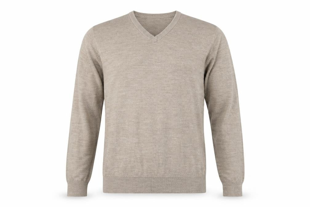 Front view of Marks & Spencer men’s beige knit pullover sweatshirt, size M