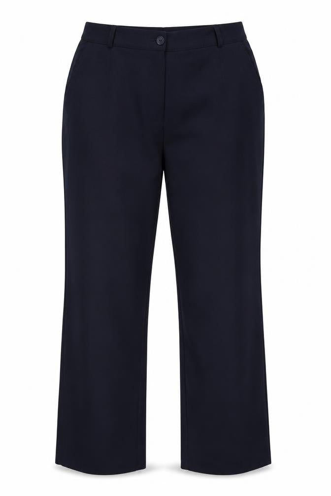 Front view of plus collection women’s blue trousers, size UK 16, 31-inch leg